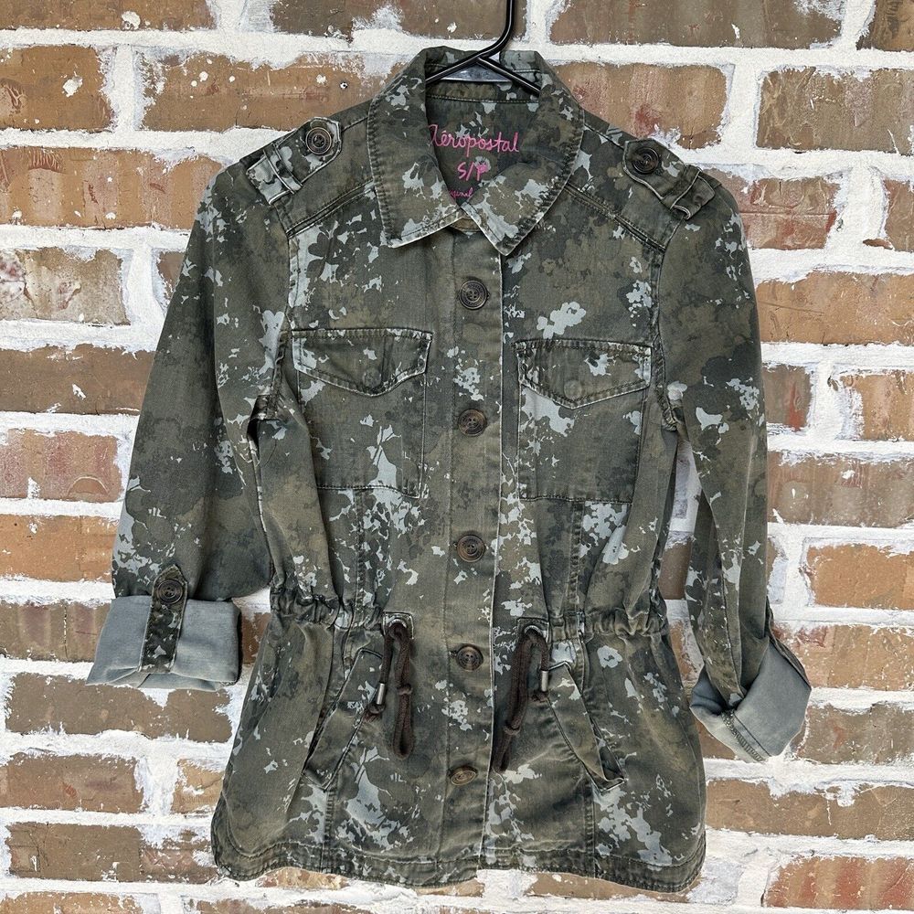 Aeropostaleâ Utility Jacket Green Camo Military Drawstring Waist Women's Size S
